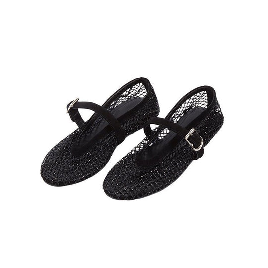 Damen elegante Ballerina-Schuhe mit dekorativem Riemchen und funkelnden Akzenten R&B