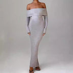 Damen Figurbetontes Off-Shoulder Maxikleid mit langen Ärmeln R&B