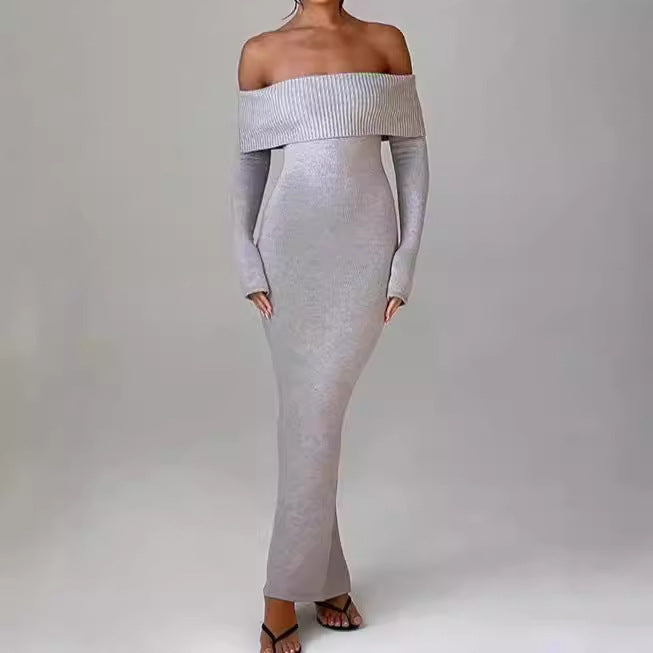 Damen Figurbetontes Off-Shoulder Maxikleid mit langen Ärmeln R&B