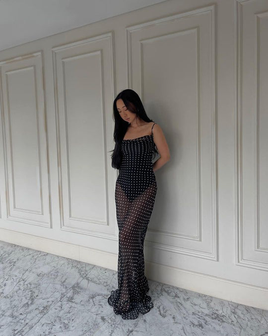 Damen transparenter Maxi-Kleid mit gepunktetem Design und verführerischen Rüschendetails R&B
