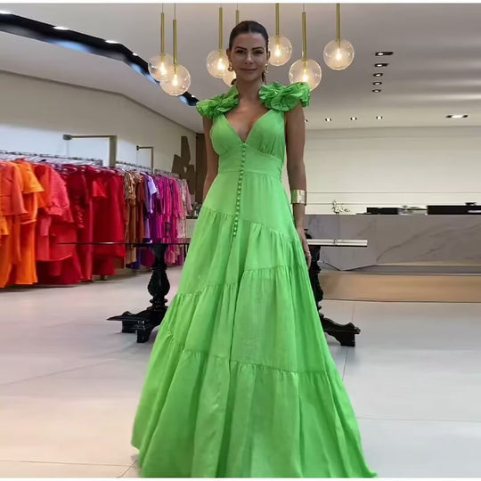 Damen Maxikleid mit schwingendem Rüschendesign und elegantem V-Ausschnitt R&B