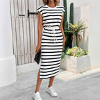 Damen Midi-Kleid mit asymmetrischem Saum und stylischem Streifenmuster R&B