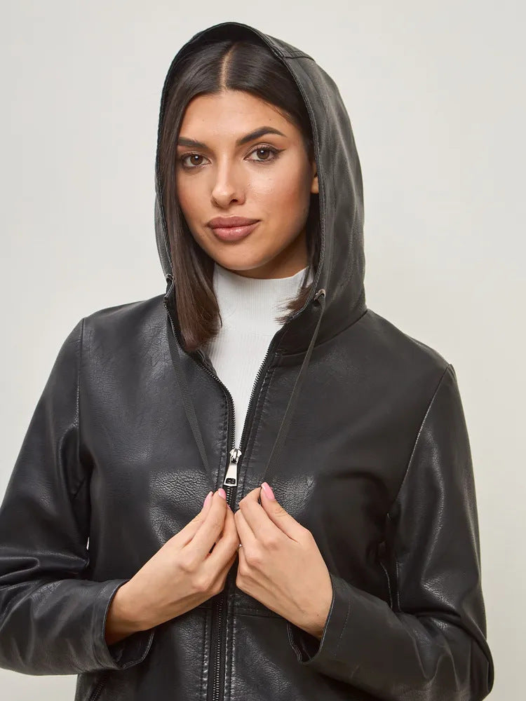 Damen modische Kunstlederjacke mit Kapuze und Reißverschlusstaschen R&B