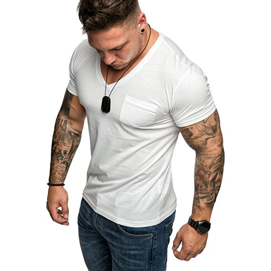 Herren V-Ausschnitt T-Shirt aus weicher Baumwolle mit Brusttasche R&B