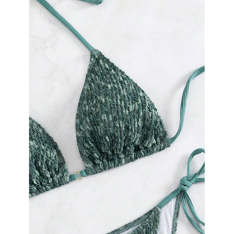 Damen Triangel-Bikini mit eleganten Bindändern und rippierter Textur