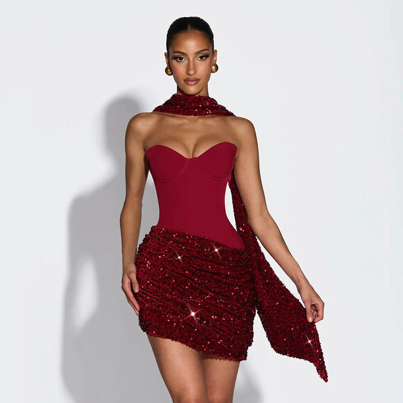 Damen Mini-Kleid mit schimmerndem Oberteil und figurbetontem Design R&B