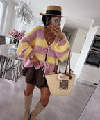 Damen lockere Strickjacke mit breiten Streifen und Bindegürtel R&B