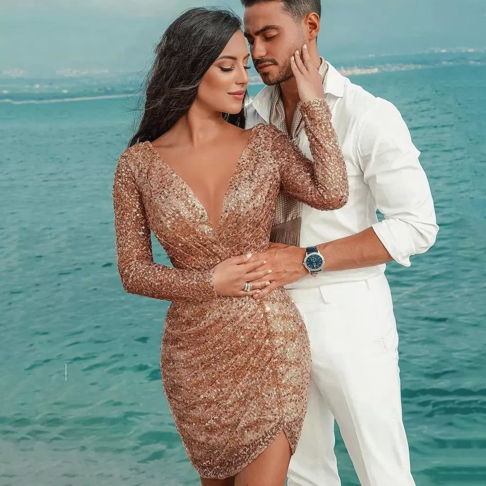 Damen Figurbetontes Glitzerkleid mit tiefem V-Ausschnitt und asymmetrischem Saum R&B
