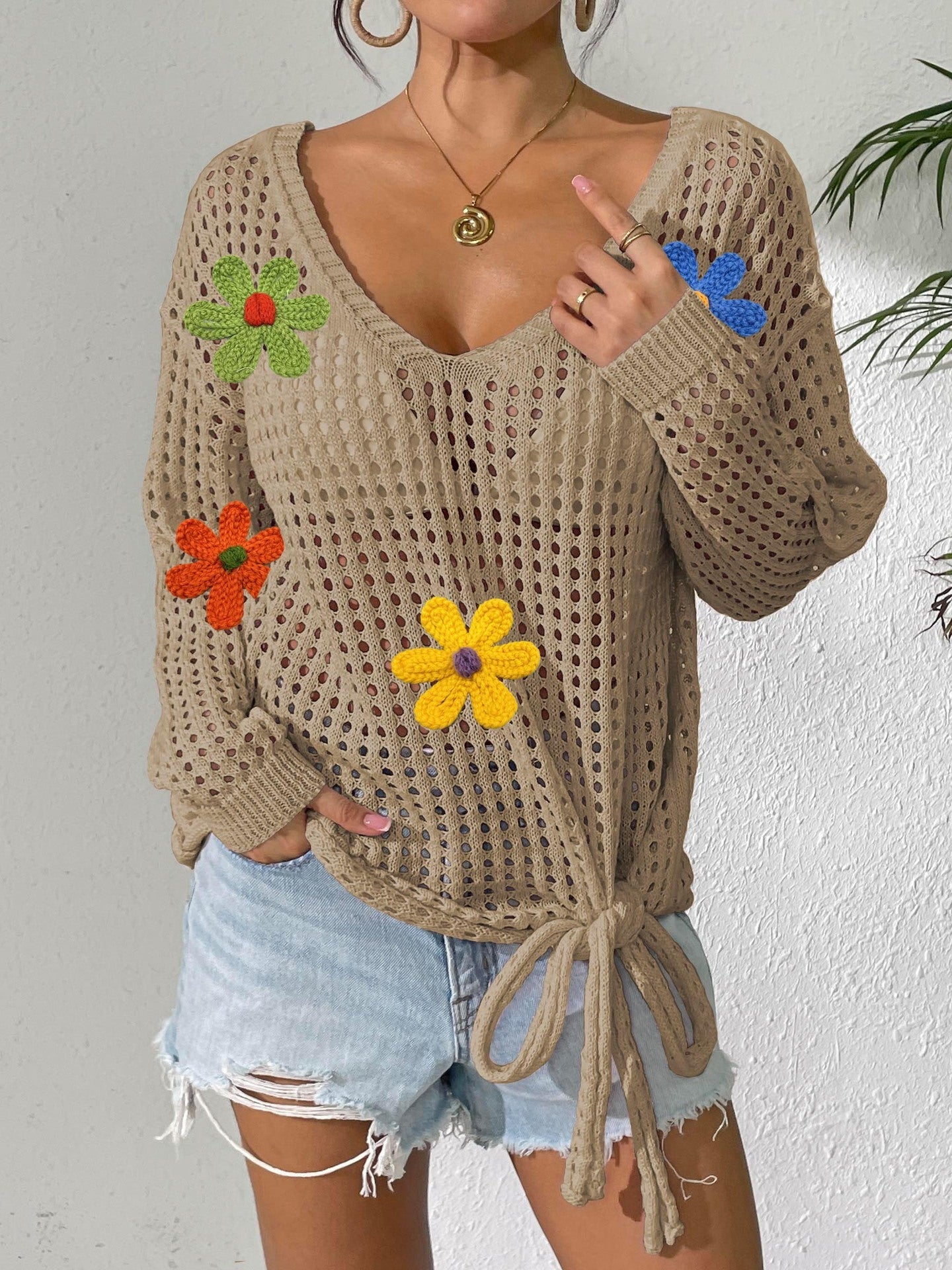Damen Häkeloberteil mit Blumenapplikationen R&B