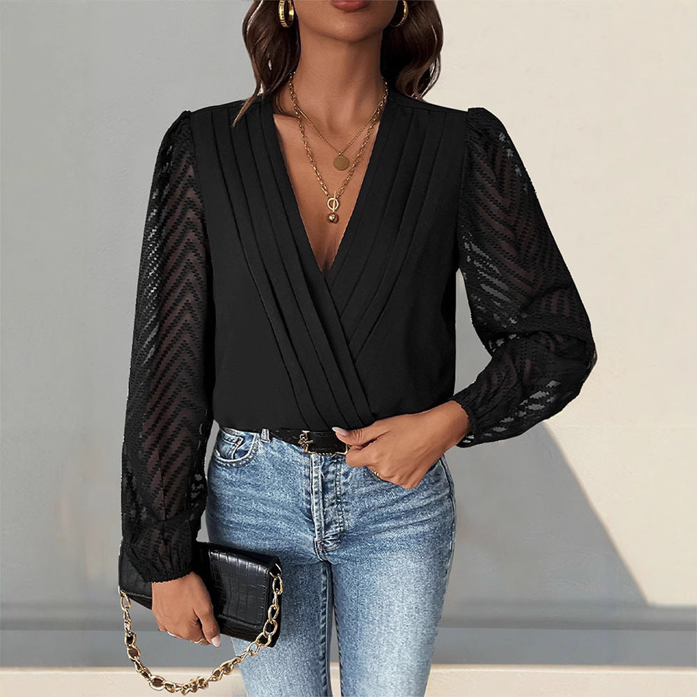 Damen elegantes Body mit voluminösen Ärmel und tiefem V-Ausschnitt R&B