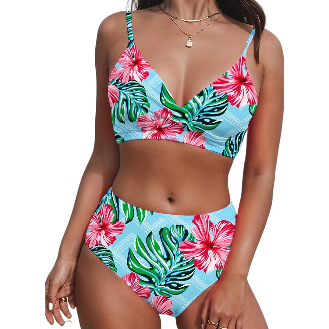 Damen Hochgeschnittener Bikini mit tropischem Muster R&B