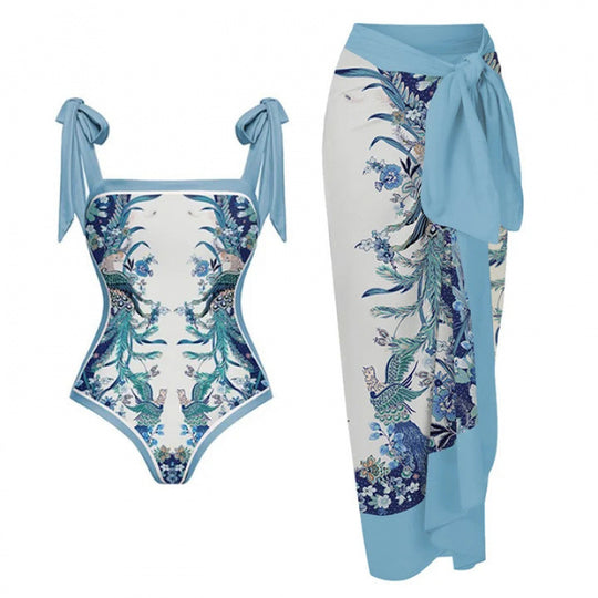 Damen Badeanzug-Set mit elegantem Floral-Design und passender Strandhose R&B