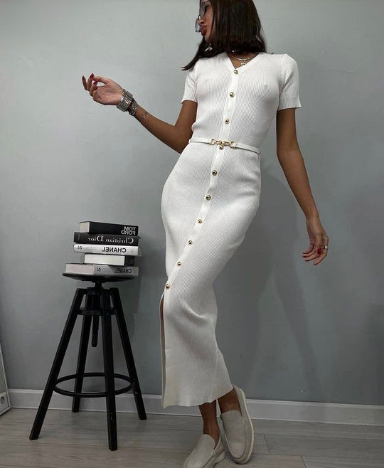 Damen Midi-Kleid mit strukturiertem Rippdesign und Knopfleiste R&B