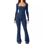 Damen Eleganter Langarm-Jumpsuit mit weitem Bein und tiefem Ausschnitt R&B