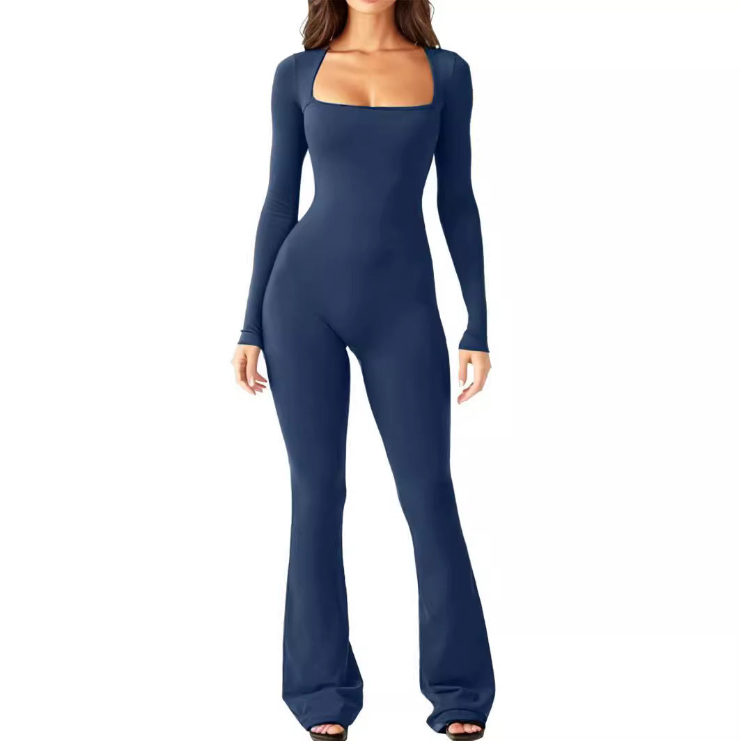 Damen Eleganter Langarm-Jumpsuit mit weitem Bein und tiefem Ausschnitt R&B