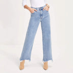 Damen Weit geschnittene Jeans mit fransigem Saum und hohem Bund R&B