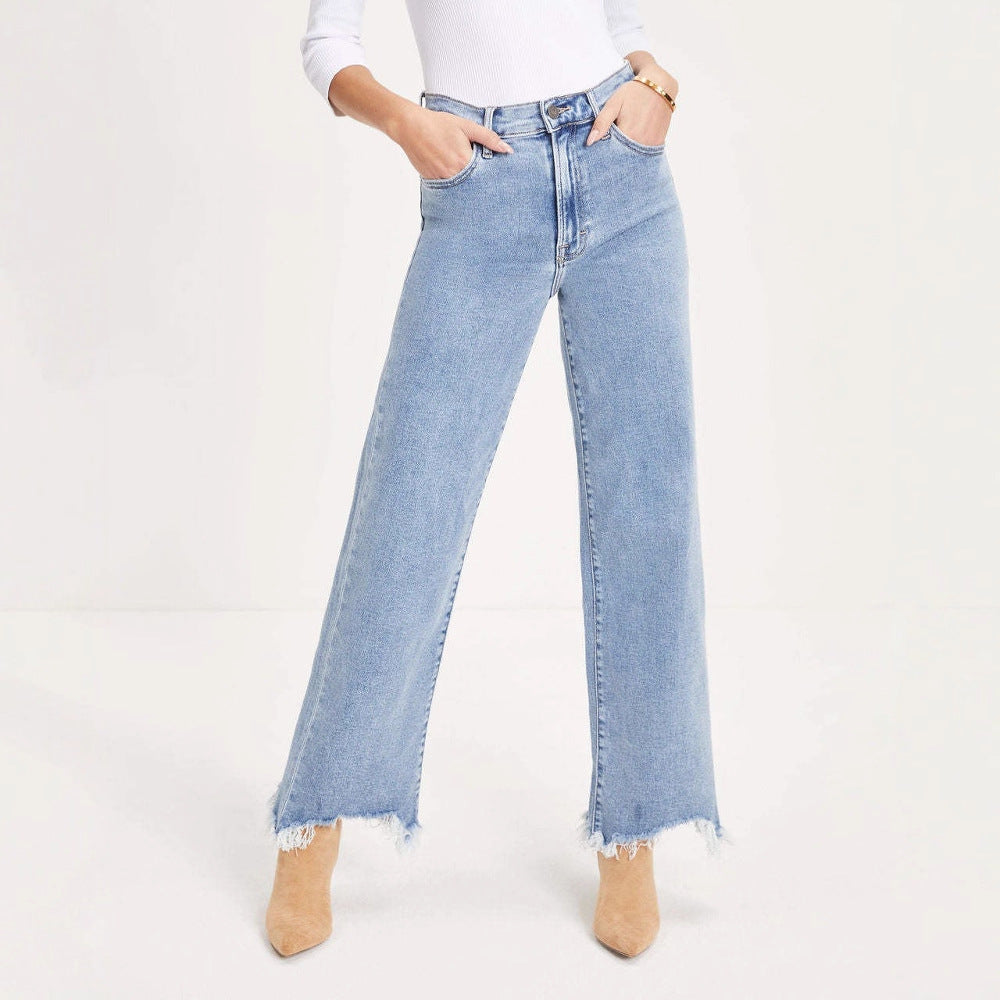 Damen Weit geschnittene Jeans mit fransigem Saum und hohem Bund R&B