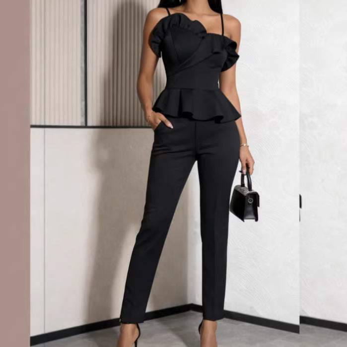 Damen elegantes Jumpsuit mit asymmetrischem Oberteil und Rüschendetails R&B