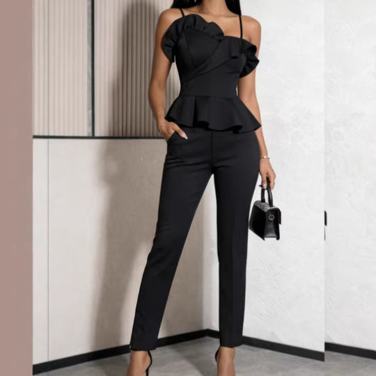Damen elegantes Jumpsuit mit asymmetrischem Oberteil und Rüschendetails R&B