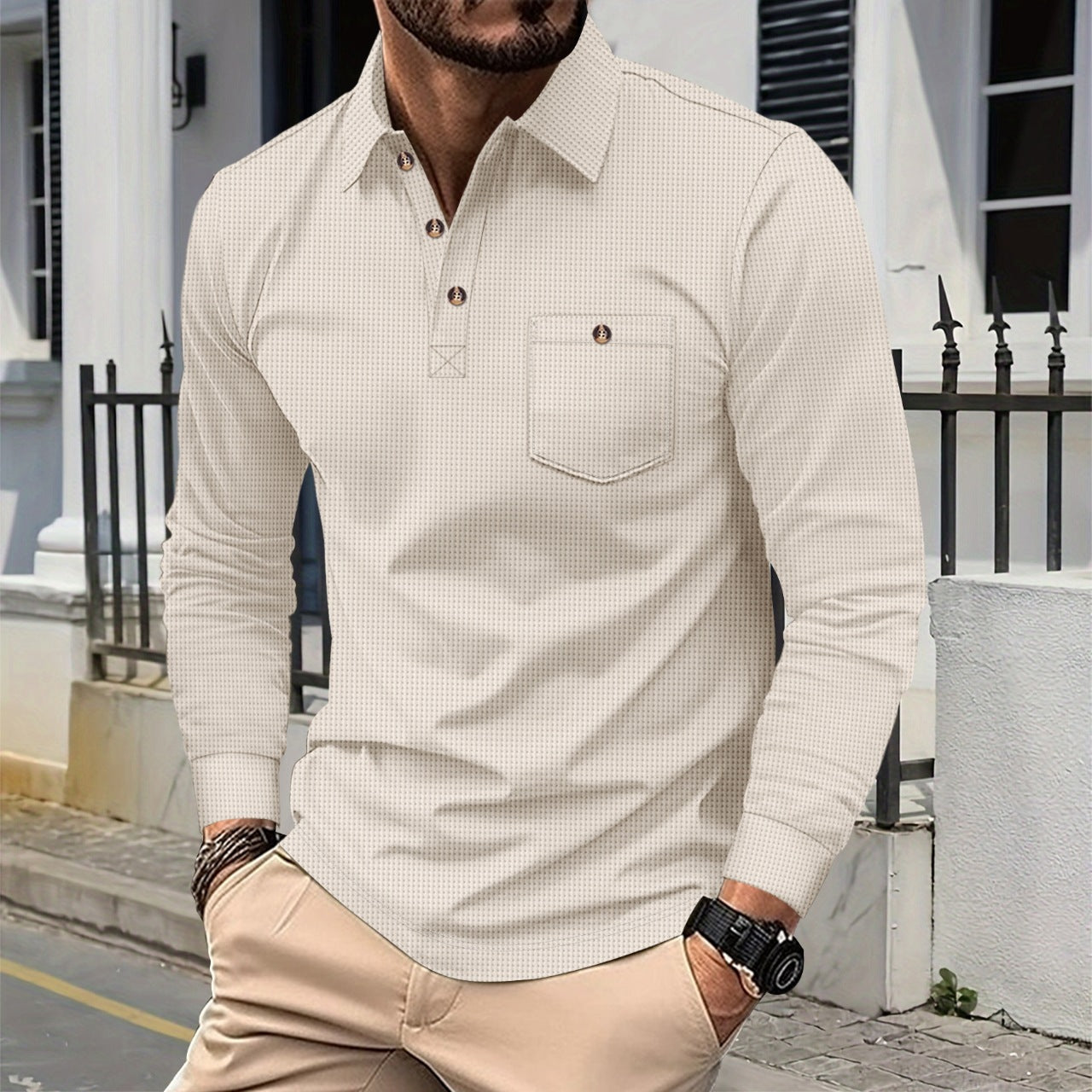 Herren Langarmhemd mit modischem Design und praktischem Brusttaschen R&B