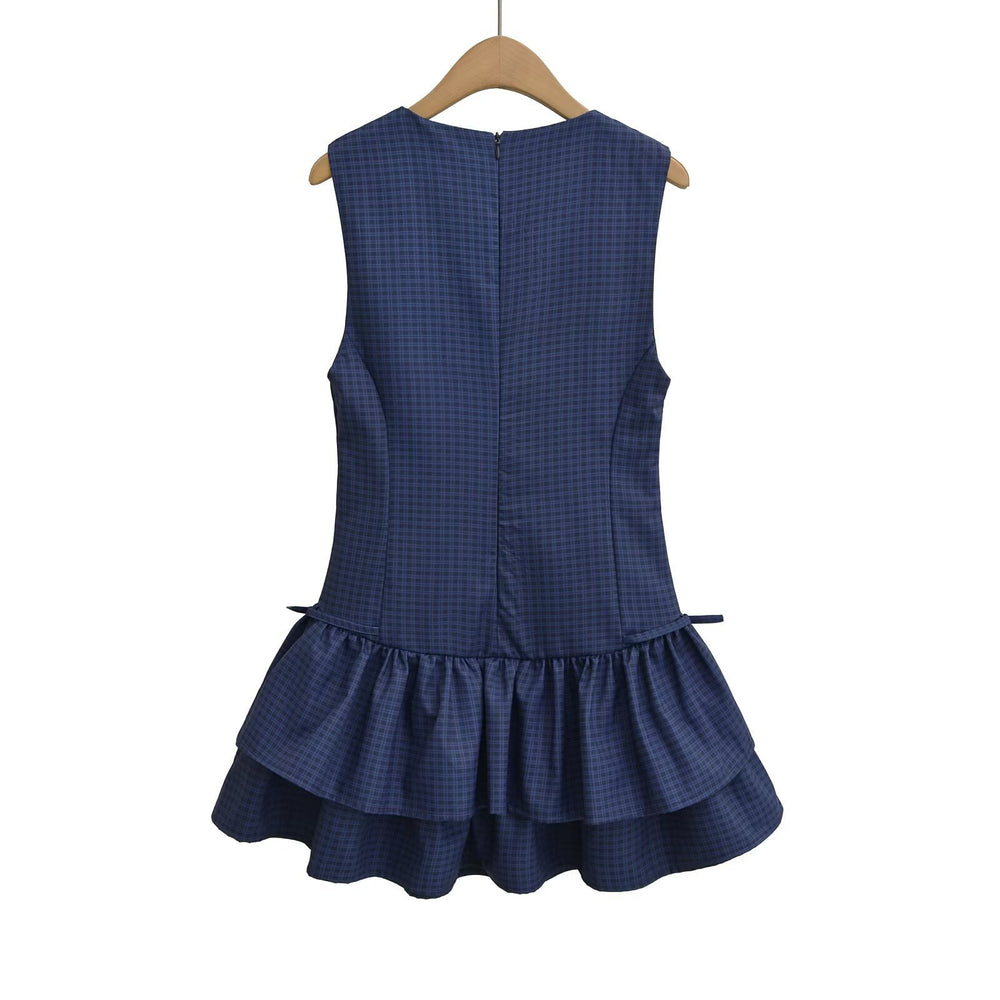 Damen Sommerkleid mit voluminösem Rüschenrock und modernem Karomuster R&B