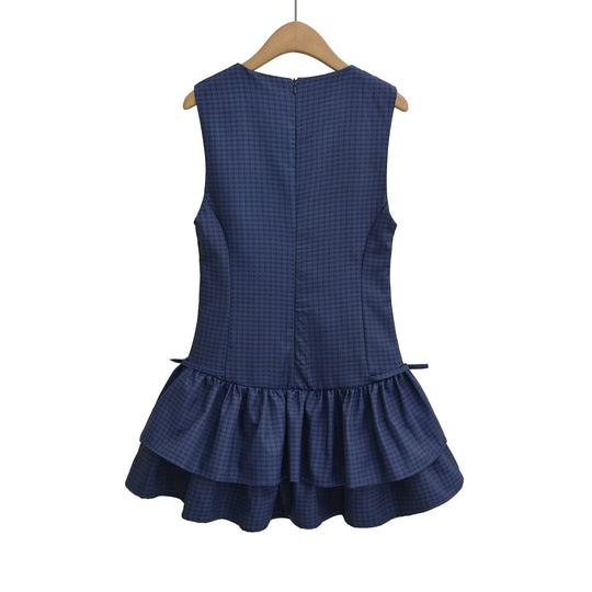 Damen Sommerkleid mit voluminösem Rüschenrock und modernem Karomuster R&B