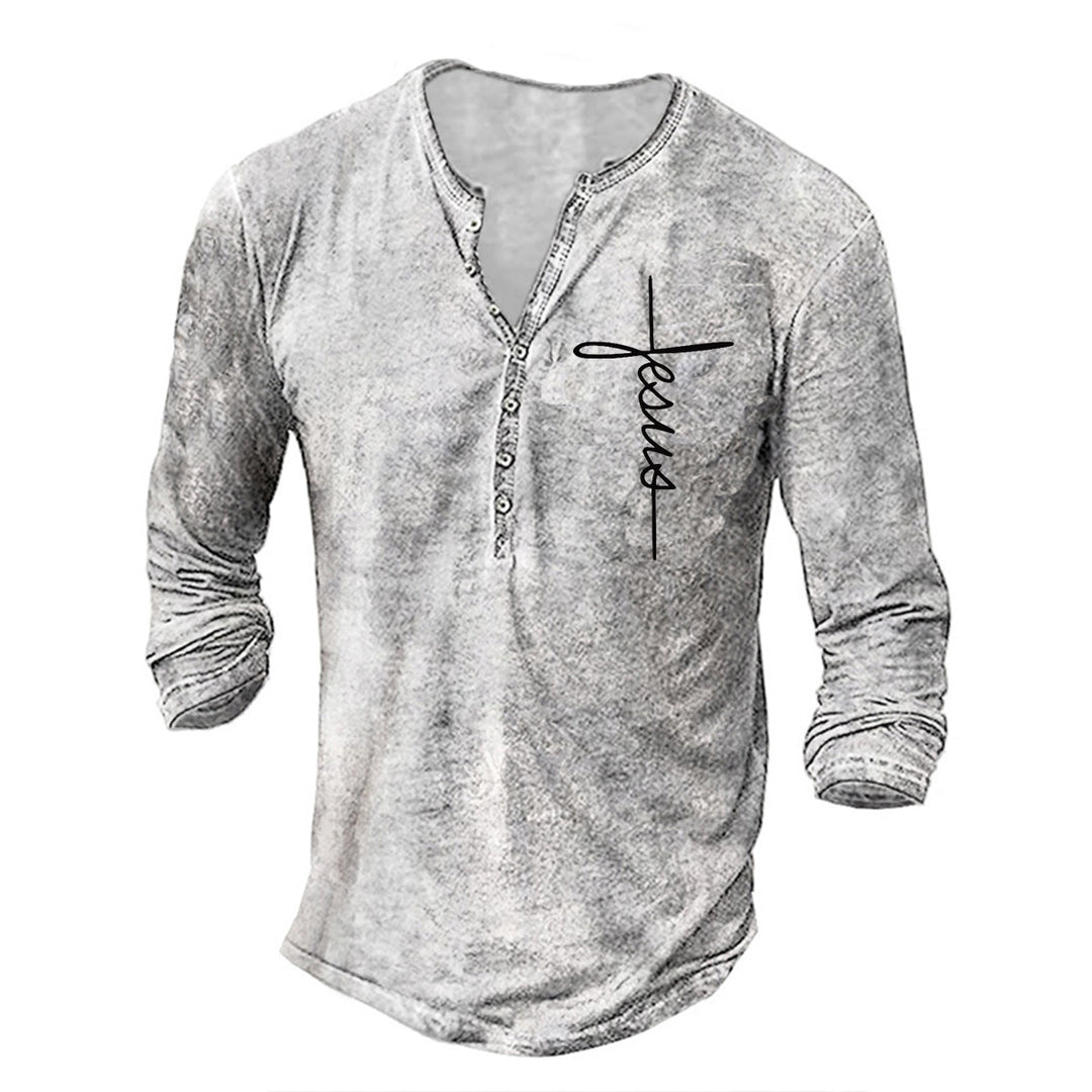 Herren Langarm Henley-Shirt mit kreativem Grafikdruck R&B