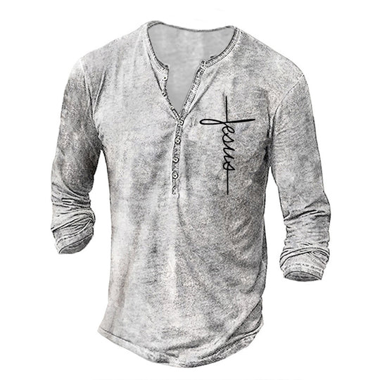 Herren Langarm Henley-Shirt mit kreativem Grafikdruck R&B