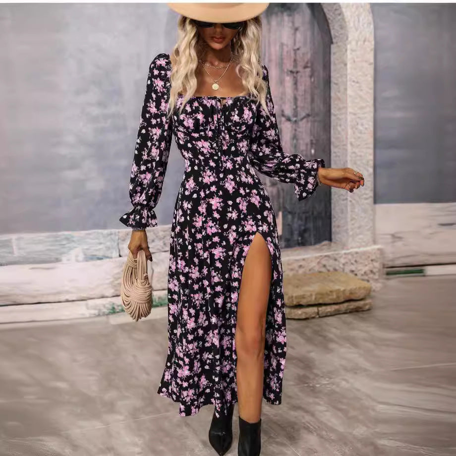 Damen Maxikleid mit tiefem Ausschnitt und Rüschenärmeln R&B