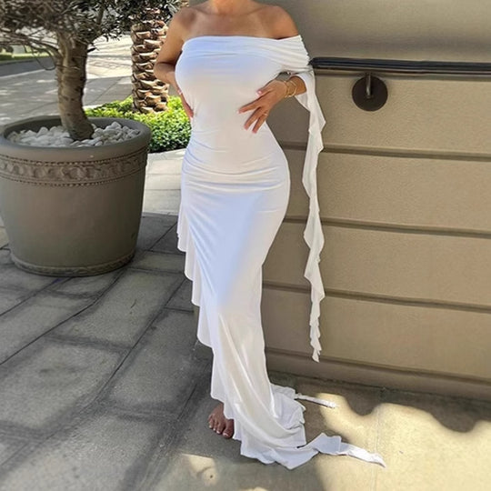 Damen Elegantes Off-Shoulder Maxikleid mit asymmetrischem Saum und Rüschendetails R&B