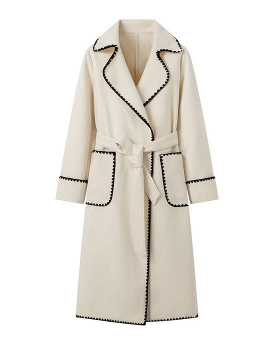 Damen eleganter Longcoat mit Bindegürtel und kontrastierenden Paspeln R&B