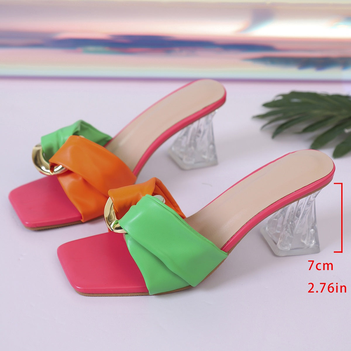 Damen Elegante Mules mit modischer Schleifen-Applikation und transparentem Blockabsatz
