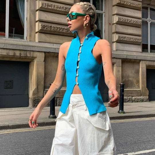 Damen Ärmelloses Stricktop mit einzigartiger Knopfleiste R&B