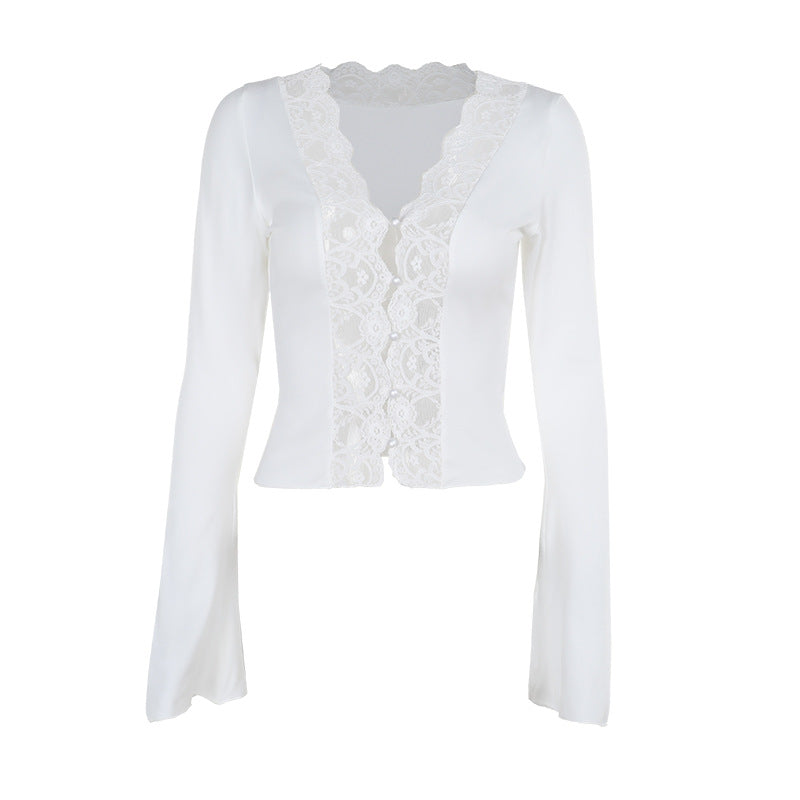 Damen langärmliges Oberteil mit Spitzenbesatz und elegantem Knopfdetail R&B