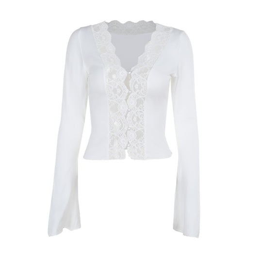 Damen langärmliges Oberteil mit Spitzenbesatz und elegantem Knopfdetail R&B