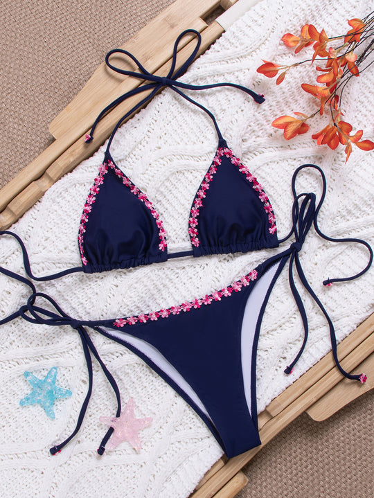 Damen Triangel-Bikini mit floralen Akzenten und verstellbaren Trägern R&B