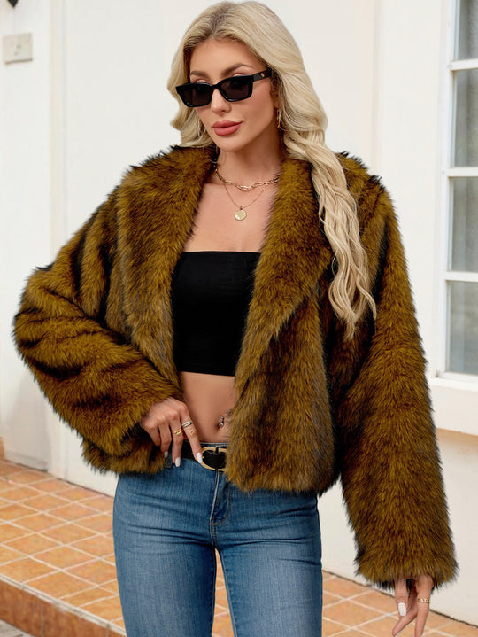 Damen Flauschige Kunstfelljacke mit elegantem Revers R&B