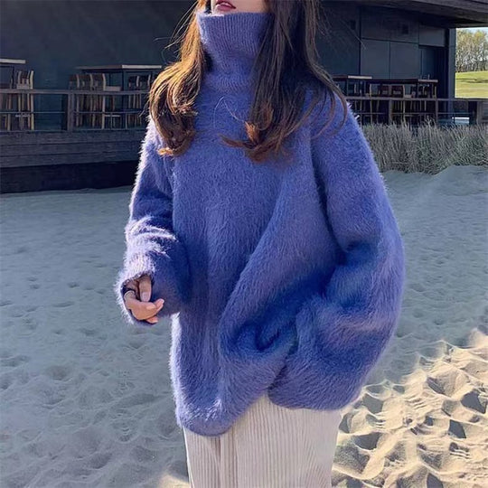 Damen Flauschiger Pullover mit Lockere Passform und Hohem Kragen R&B