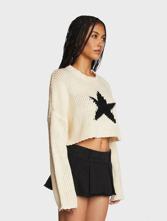 Damen modischer Grobstrickpullover mit trendy Sternenapplikation R&B