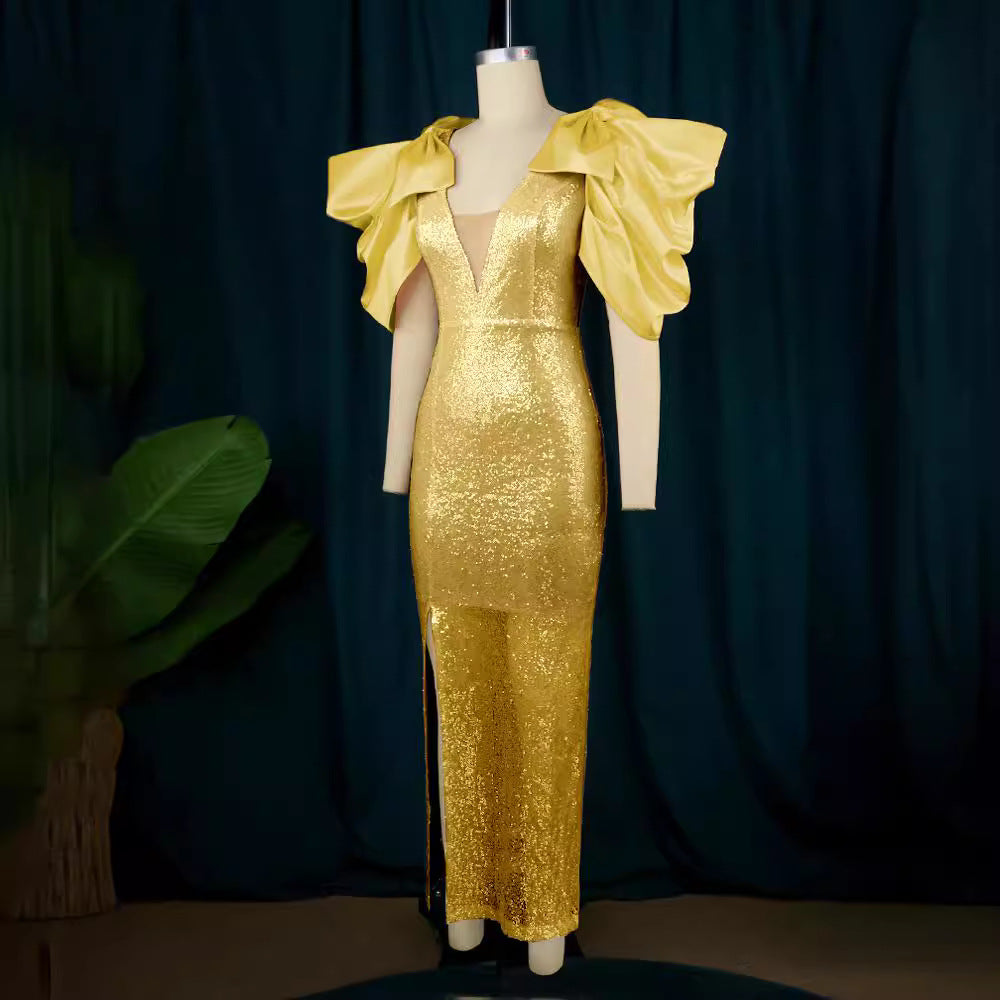Damen Figurbetontes Glamour-Kleid mit schimmerndem Stoff und voluminösen Ärmeln R&B
