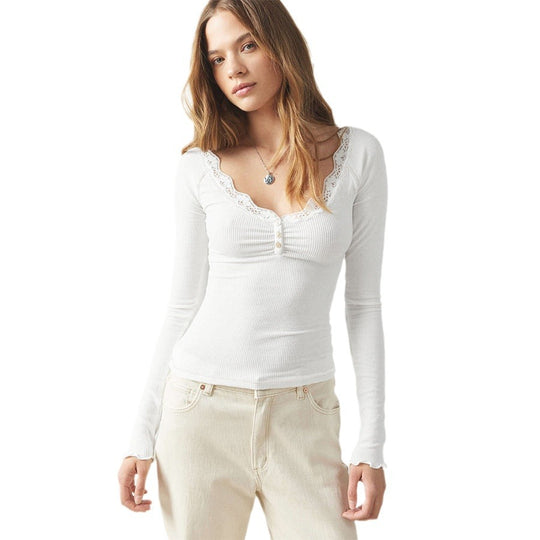 Damen Langarmshirt mit Spitzendetails und Knopfleiste R&B