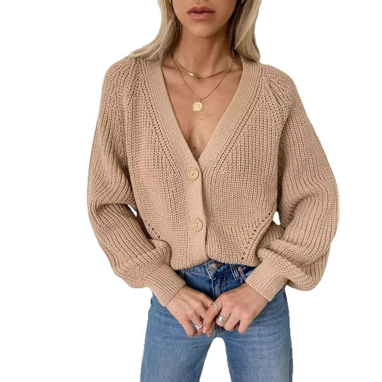Damen Kurzstrickjacke mit tiefem V-Ausschnitt und Knopfdetails R&B