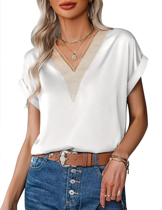 Damen Satin Bluse mit elegantem V-Ausschnitt und raffinierten Spitzenakzenten R&B