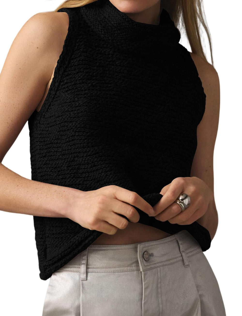 Damen ärmelloses Stricktop mit wärmendem Rollkragen Heidi-Mode