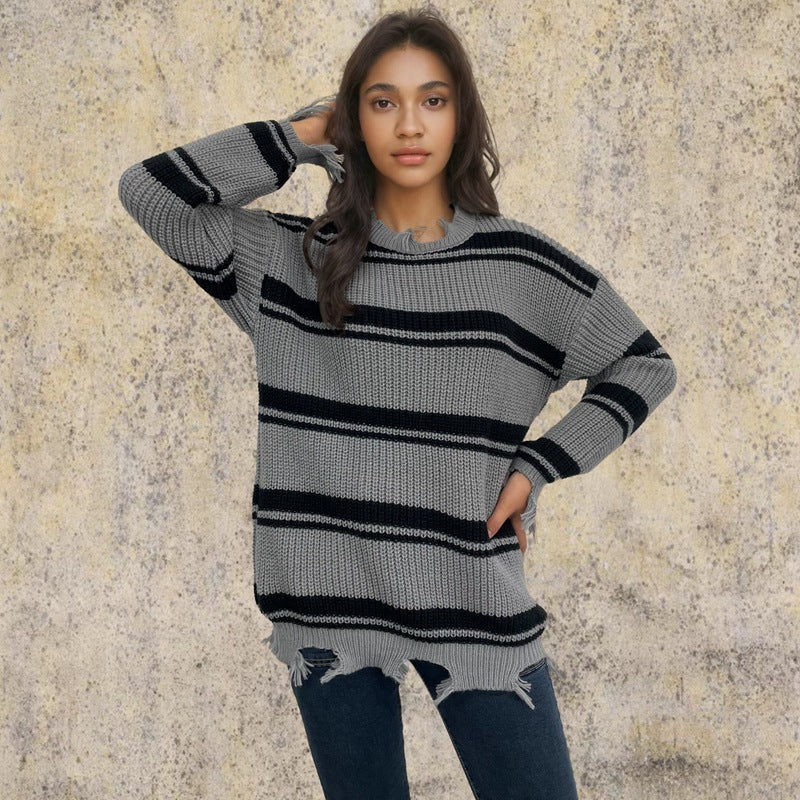 Damen Grobstrickpullover mit modischem Streifenmuster und lässigem Schnitt R&B