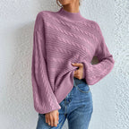 Damen Strickpullover mit hohem Kragen und dekorativem Zopfmuster
