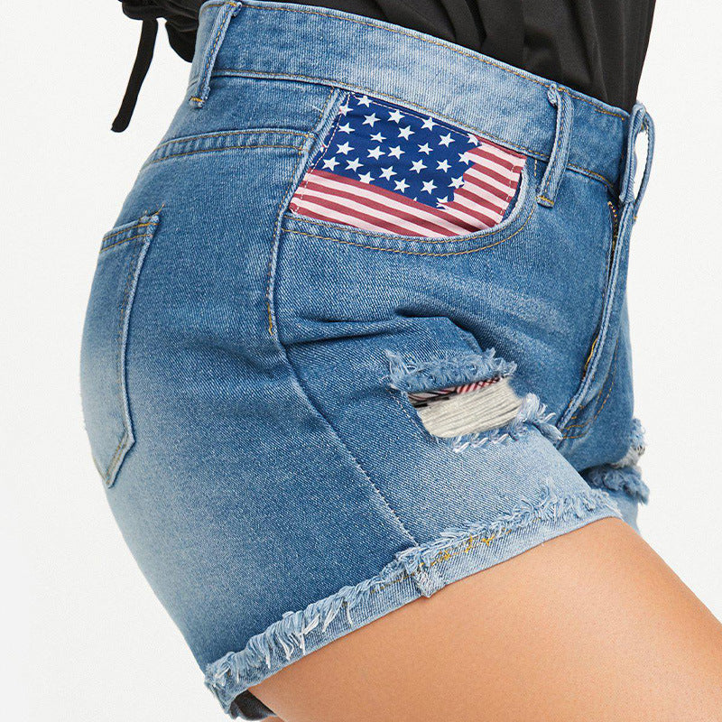 Damen Jeans-Shorts mit einzigartigem Flaggen-Design und modernen Destroyed-Details R&B