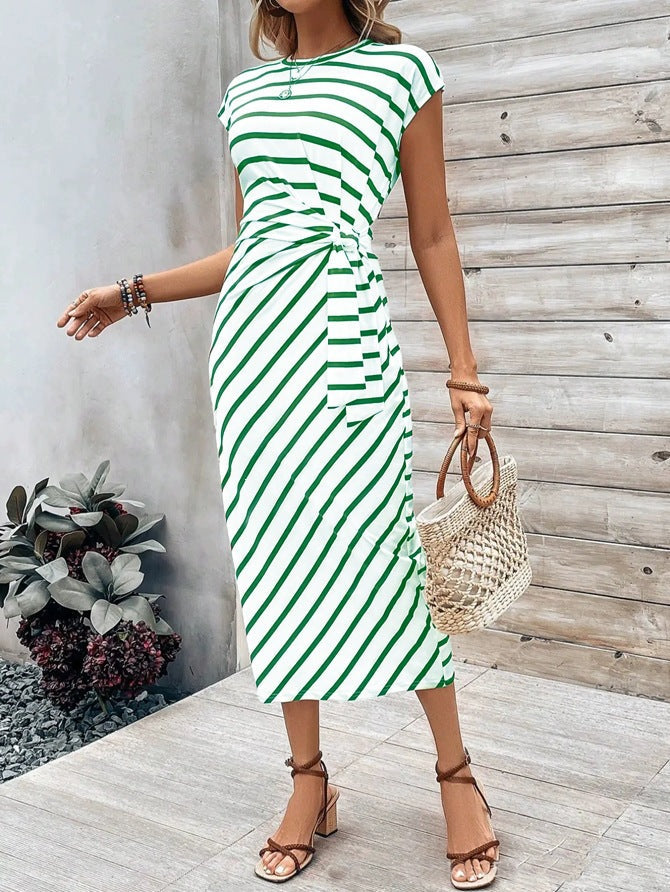 Damen Wickelkleid im modernen Streifenlook mit Taillenknoten R&B