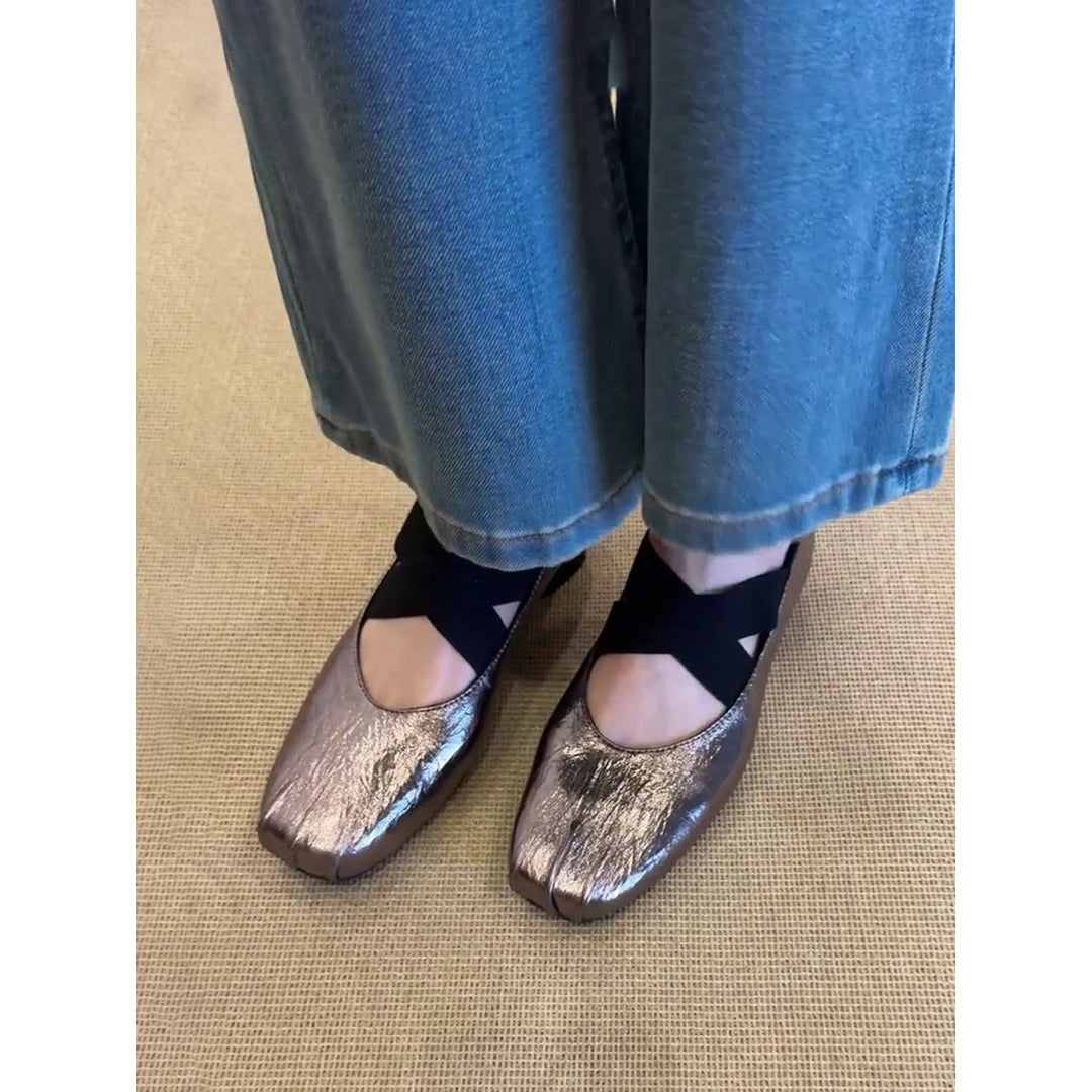 Damen Ballerina-Schuhe mit modischem Kreuzriemen und glänzender Oberfläche R&B
