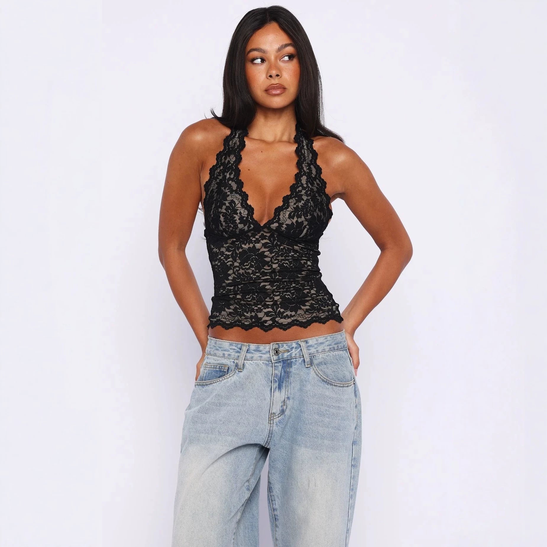 Damen Spitzen-Top mit tiefem V-Ausschnitt und raffinierten Details R&B
